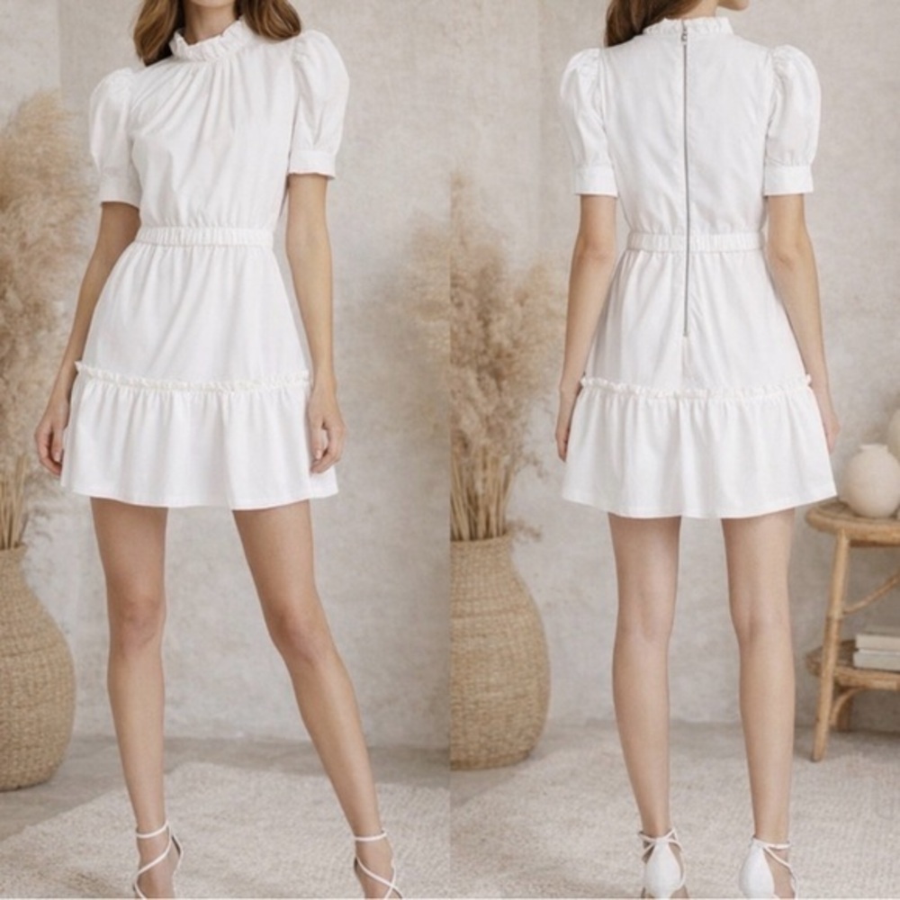 Alice + Olivia Vida White Puff Sleeve Cottagecore Bridal Ruffle Hem Mini Dress